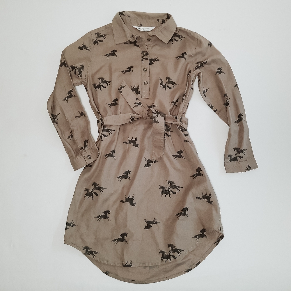 H&M Girls Unicorn Button Down Shirt Dress with Tie Belt Size 7